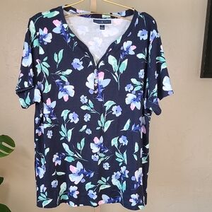 Karen Scott Blue Green Short Sleeve Floral Blouse 1X